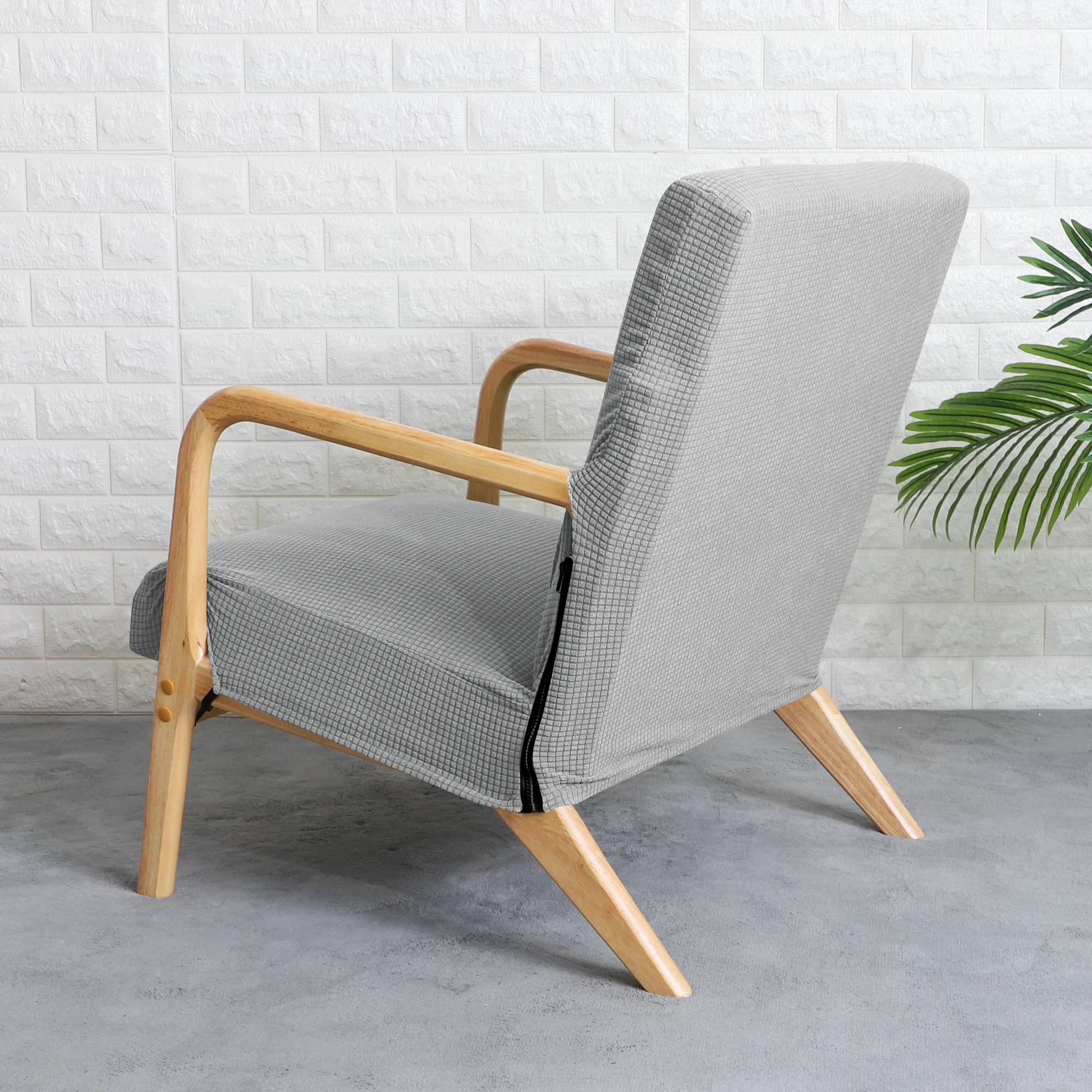 Water-Resistant Jacquard Armchair Slipcover - Solid Color Stretch Furniture Cover with Zipper