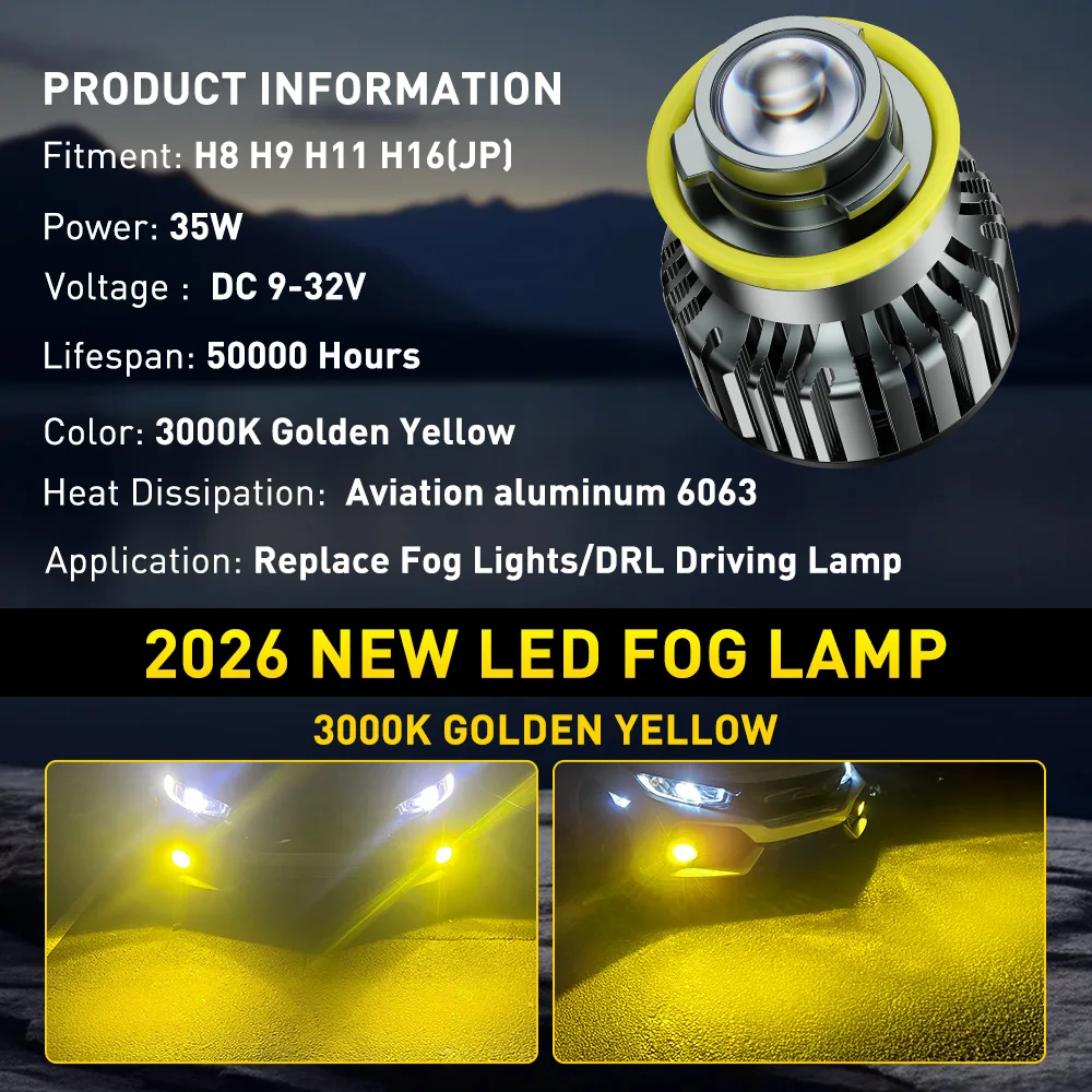 AUXITO 2개입 신형 H11 H8 LED 안개등 프로젝터 터보 H9 H16(JP) LED 안개등 미니 자동차 주행등 DRL 3000K 옐로우 화이트 12V