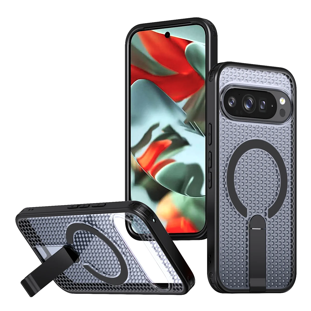Transparent Particle Heat Dissipation Phone Case with Magnetic Bracket and Protective PC Board