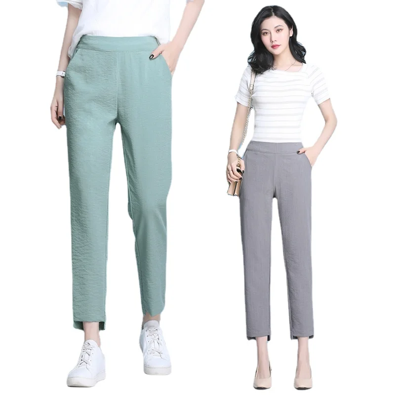 

S-4XL Summer Pants Women Thin ice silk cotton slacks Casual Cropped Loose Capris Pants Knee Length High Waist Straight Trousers
