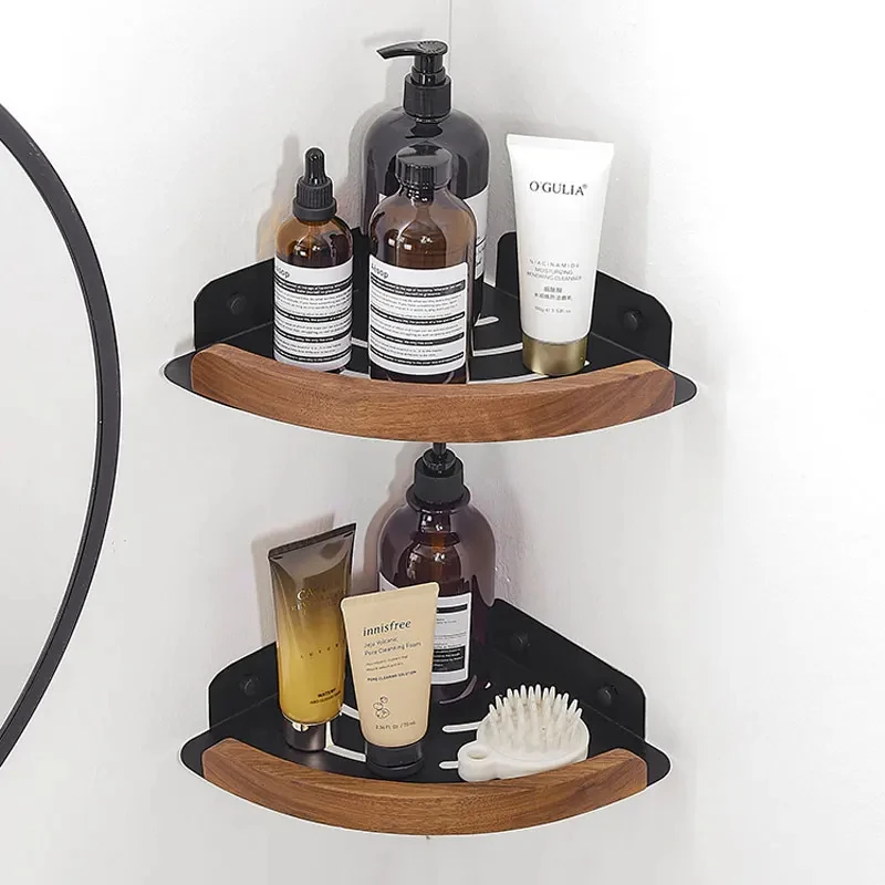 bathroom holder set，bathroom shelves set， shower organizer shelf，wood wall bath shelf，Hair dryer holder， Corner Shelf Washroom 5
