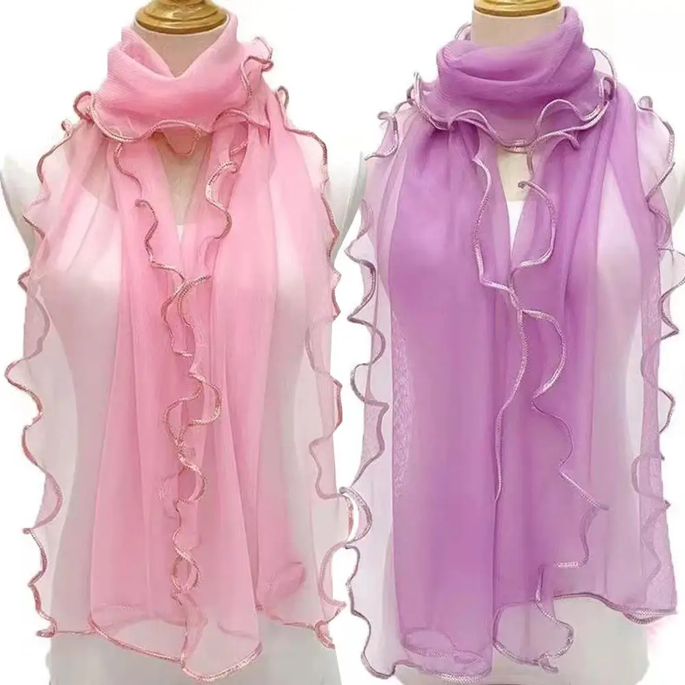 Spring Summer Neck Wrap Thin Neckerchief Hijab Scarf Lace Curled Edge Scarf Breathable Long Scarves Elegant Sunscreen Headscarf 3