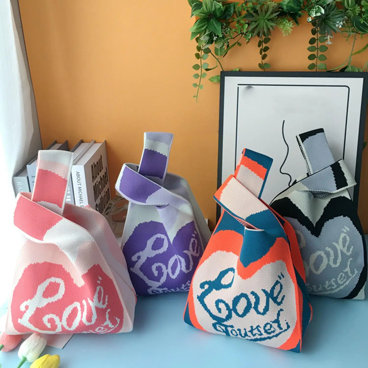 

Cute Handmade Knitting Handbag Women Mini Knot Wrist Shopping Cartoon Tote Japanese Bag Bags 20x35cm Reusable Student Casua I2H9