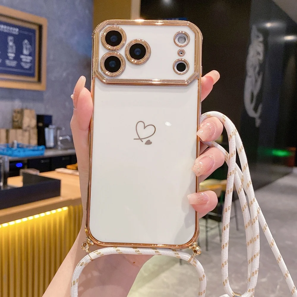 Elegant Crossbody Lanyard Necklace Case with Plating Love Heart Design – Soft Silicone Cover