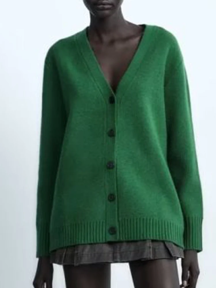 

2023 Women Autumn Knitting Sweaters Coats Fashion Solid V-Neck Loose Single Breasted Female ELegant Street Cardigan Sweater