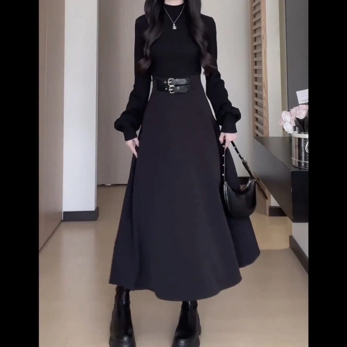 Temperamento Chic Autunno Inverno Nuovi abiti Donna Dolcevita solido Fusciacche Corsetto Stile Hepburn Moda Abiti lunghi con maniche a lancio 2