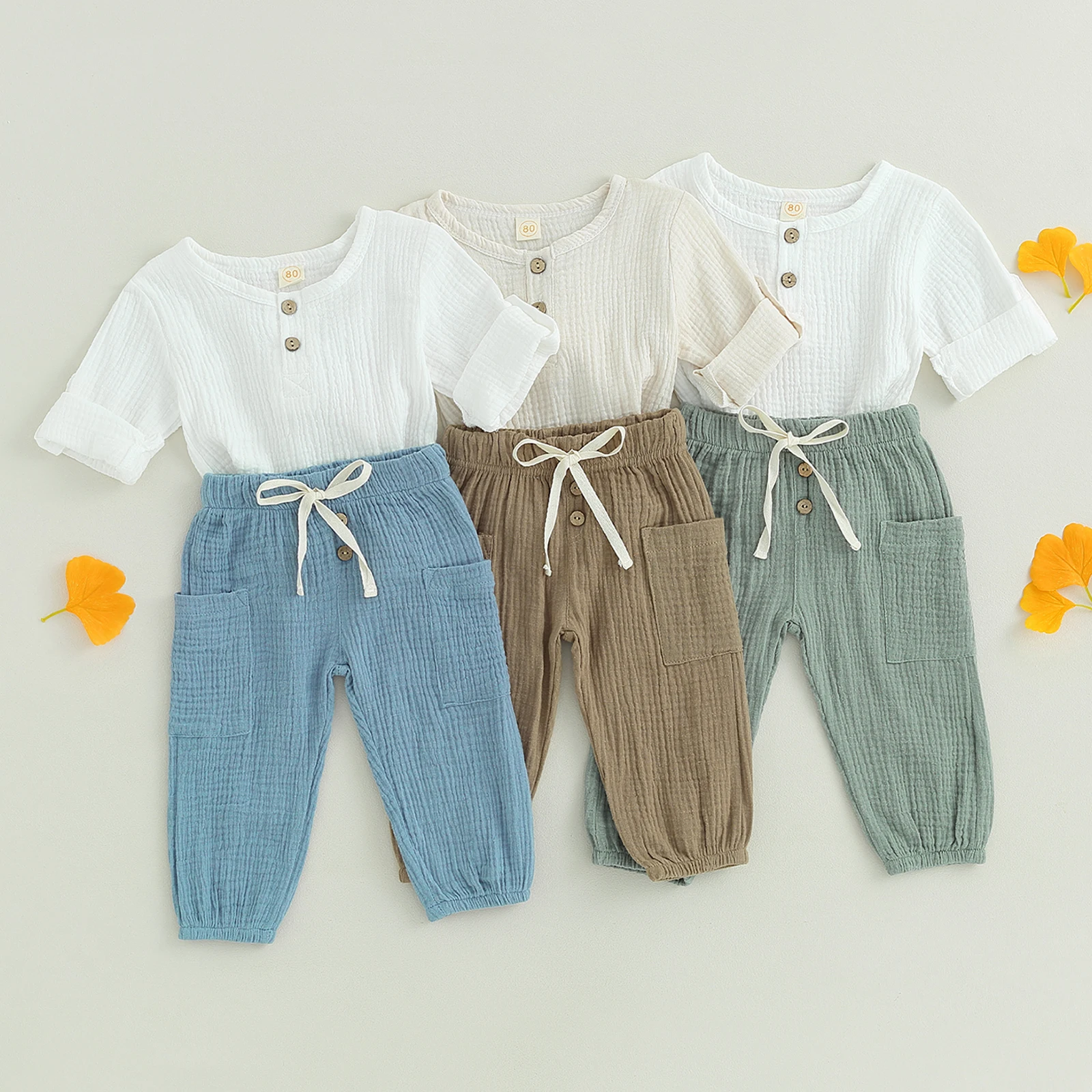 

Toddler Baby Boy Girl Cotton Linen Pants Set Solid Long Sleeve T Shirt Top Drawstring Elastic Waist Pants Fall Outfit