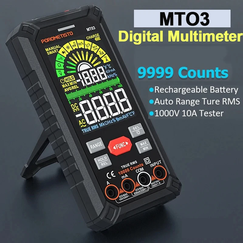 MT02/MT03 Rechargeable Digital Multimeter TRMS Auto Ranging AC/DC Voltage Current Resistance Continuity Temp Capacitance Tester