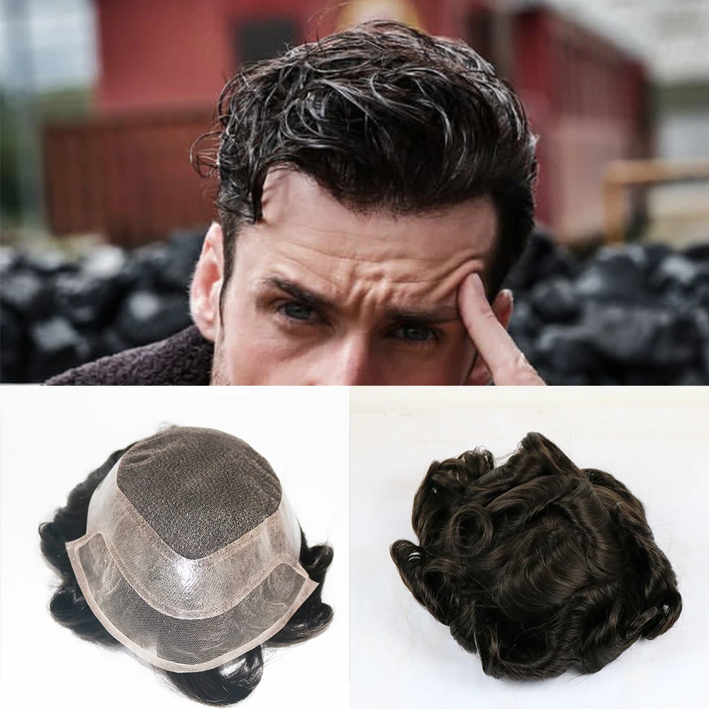 

100% Virgin Human Hair Toupee For Men, Soft Lace Cap Base with 1inch Clearly PU around Men's Hair piece Replacement System