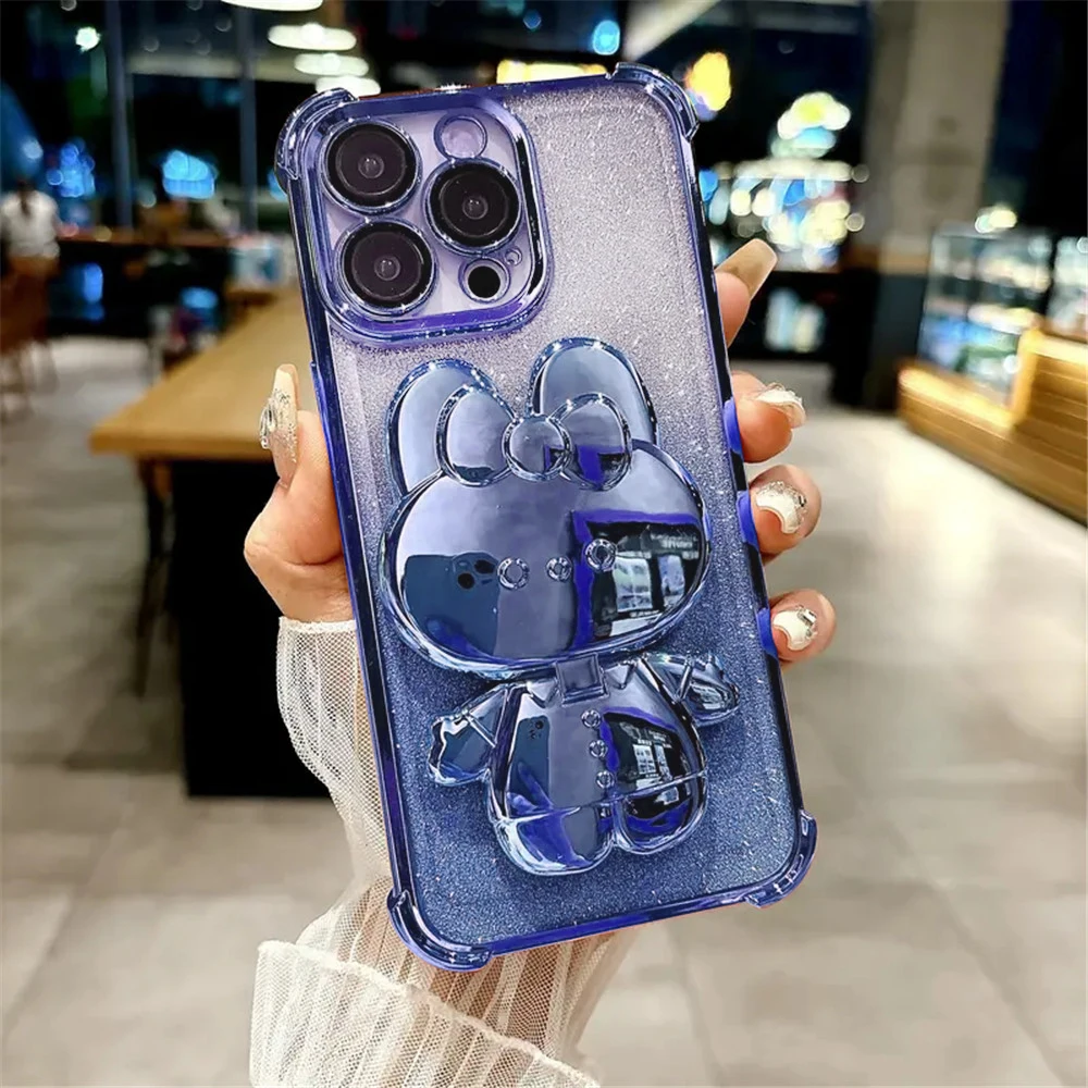 Shockproof Glitter Case with Invisible Makeup Mirror and Rabbit Stand Cover