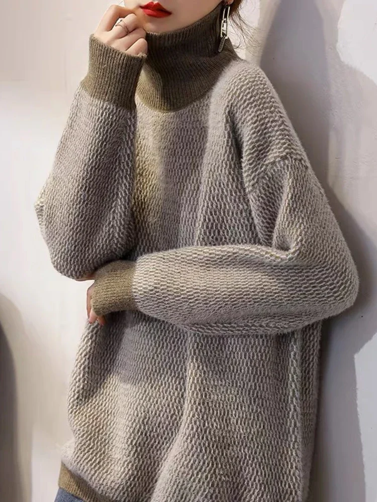 

2023 Autumn and Winter Korean Fashion Women's Knitted Pullover Elegant High Neck Thickened Warm Long Sleeve Temperament Wool Top