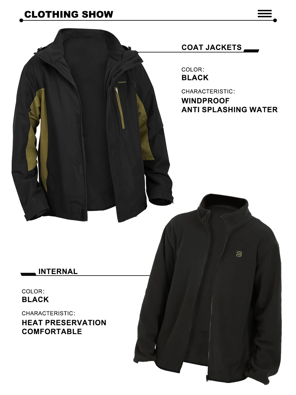 Baasploa Herrenjacken, Marken-Windjacke, 3-in-1, wasserdichte Mäntel aus gewebter Baumwolle, hochwertige, bequeme Wander- und Outdoor-Kleidung für Herren – Detail 14
