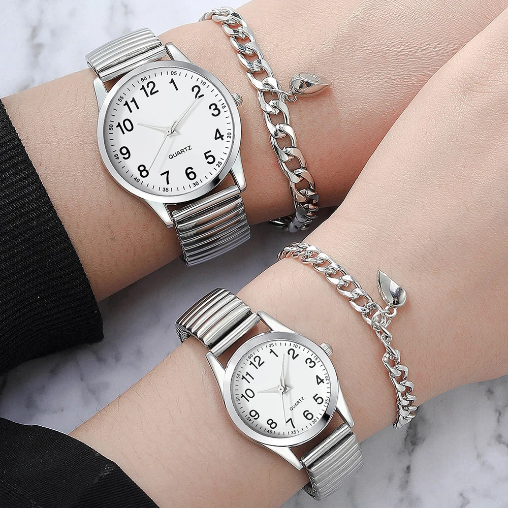 2pcs Silver Couple Quartz Watch Magnetic Heart Bracelet Fashion Creative Leisure Round Watch Dial Dainty Bracelet Set quartz watch fashion couple watches