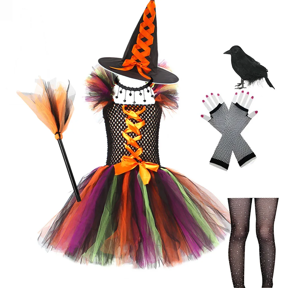 thumbnail image 1 of Disfraz de bruja con sombrero para niña, disfraz de Carnaval de fantasía, ropa de fiesta para niños, vestido de tutú esponjoso, actuación escolar, 2024, 1 of 5