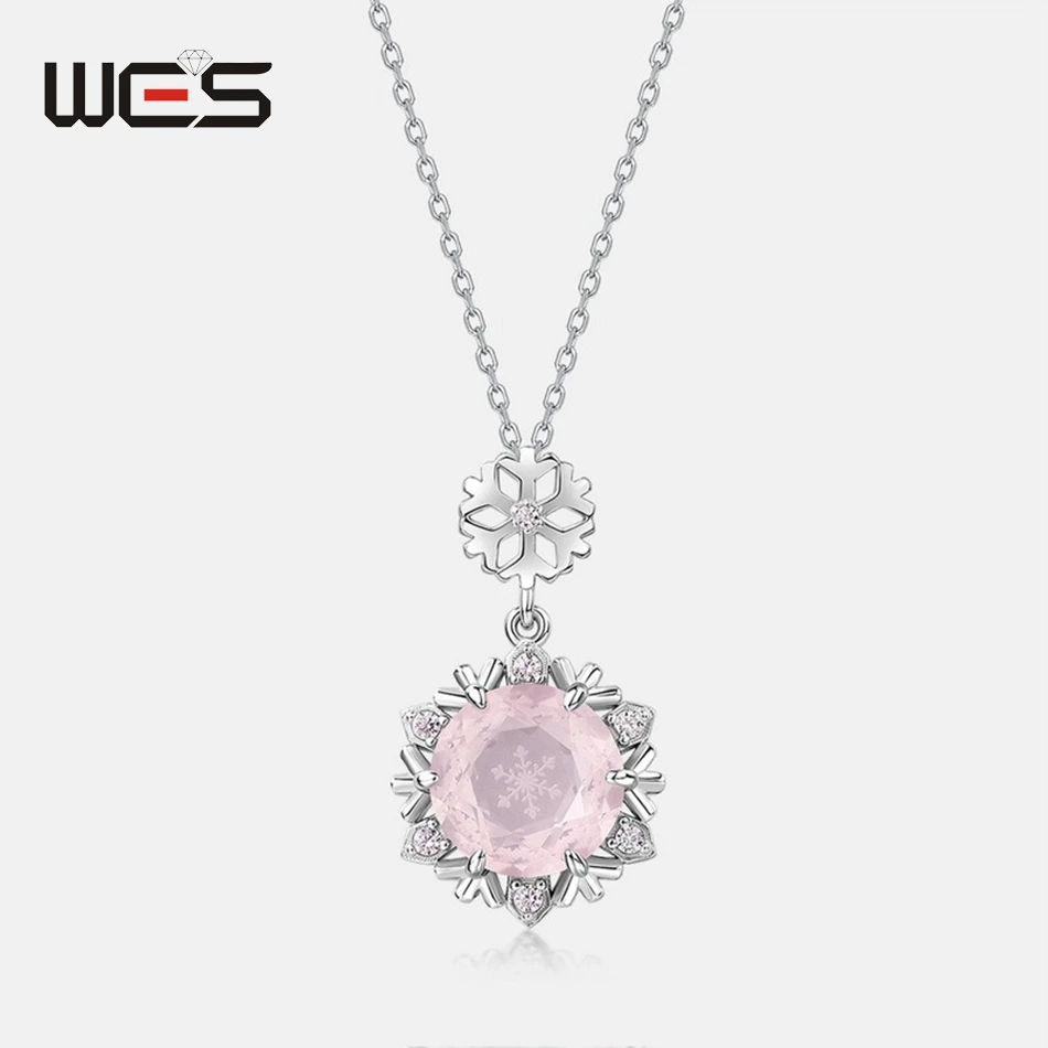 

WES 925 Sterling Silver Snowflake Pendant for Woman Rose Quartz Christmas Party Gifts Fashion Anniversary Trendy Engagement