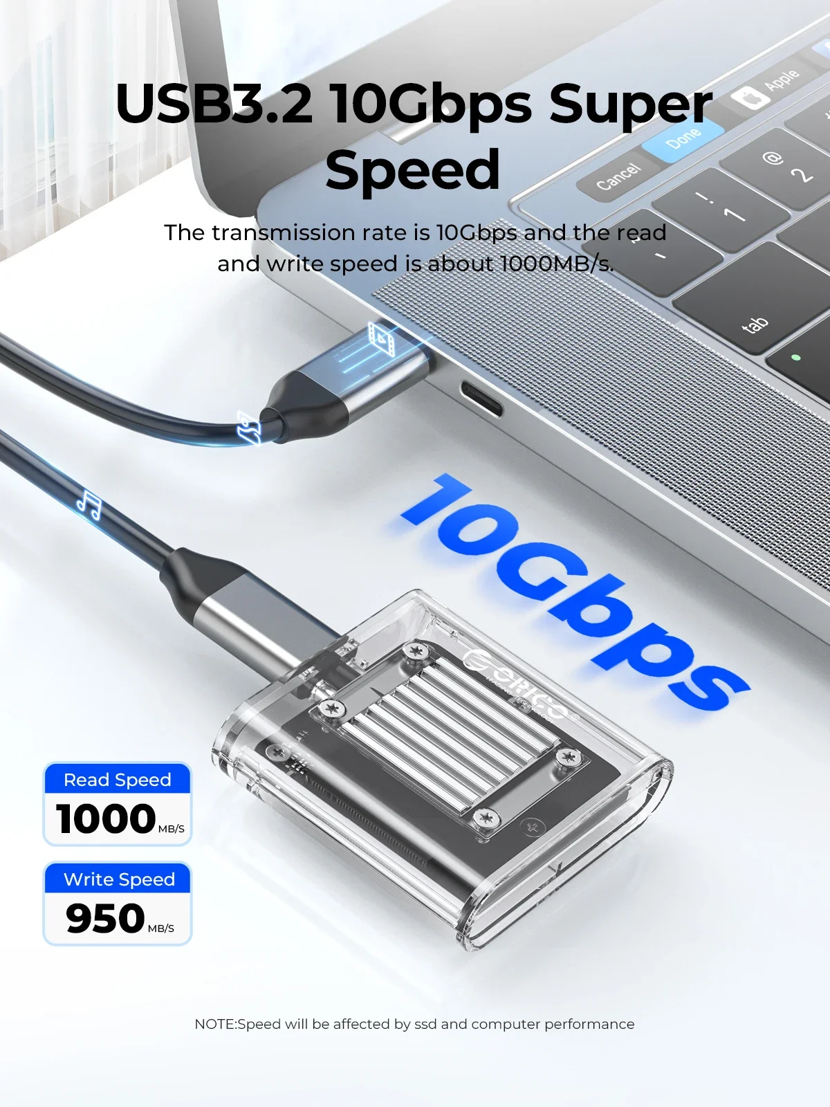 USB Tipo C, Adaptador Externo Transparente, Suporte 2230 PCIe SSD, 10Gbps, Livre
