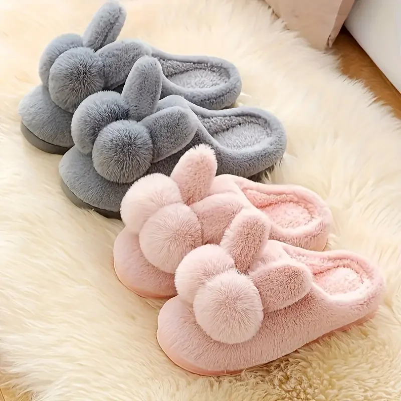 Bequeme süße Damen-Winter-Kaninchen-Hausschuhe, weiche Plüsch-Hausschuhe für den Innenbereich mit Bommel-Details, waschbare Stoff-Gummisohle – Detail 1