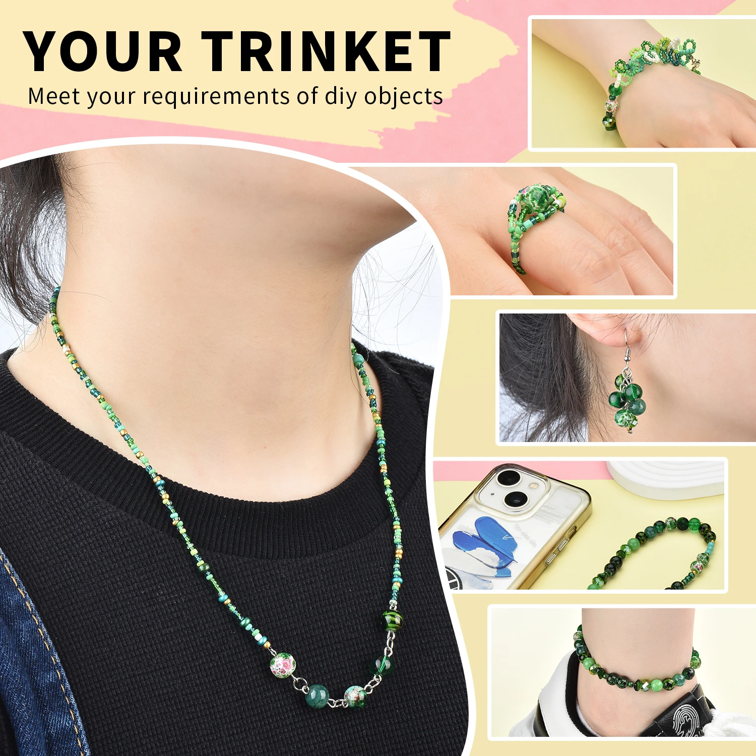 Green Glass Beads Jewelry Making Kit – Round and Seed Beads