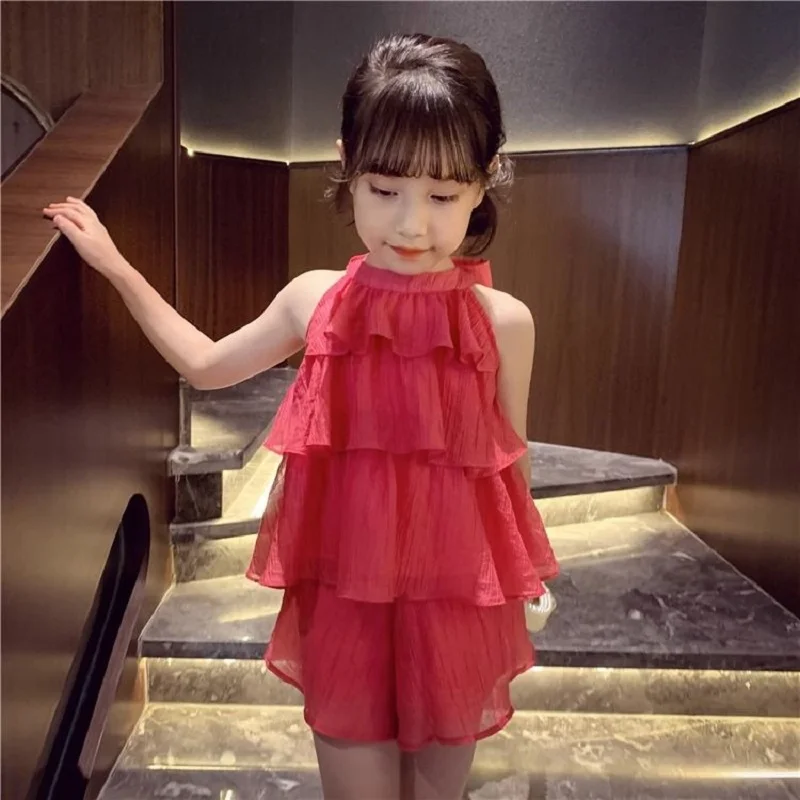 

2023 Summer New Arrival Girls Sleeveless Halter Ruffles Red Cute Roupa Infantil Menina Cute Party Dress Custume 18M-6T