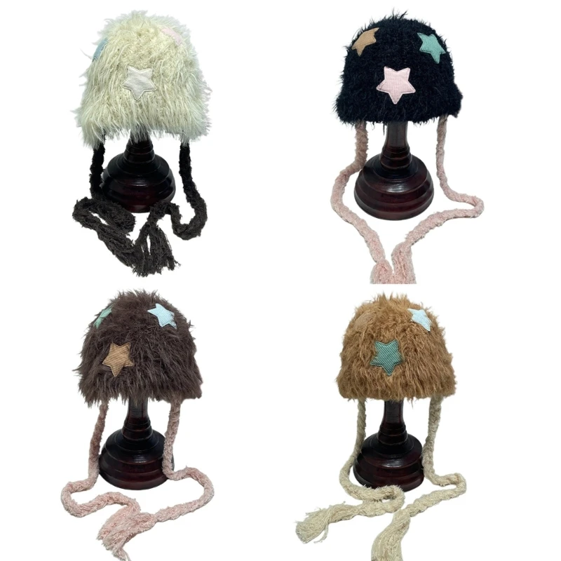

Winter Faux Furs Furry Bucket Hat Plush Warm Hat for Womens Streetwear Fisherman Hats Cartoon Colorful Caps