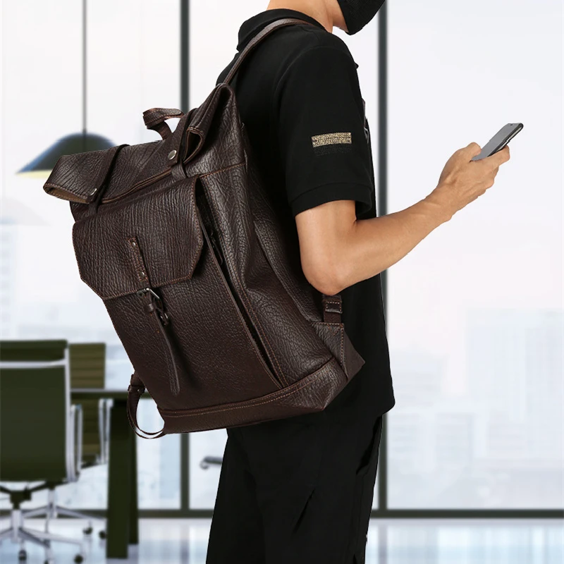 

Nesitu Thick Coffee Black Bark Pattern Genuine Leather 15.6'' Laptop Women Men Backpack Travel Bag Highend Big Vintage M0080