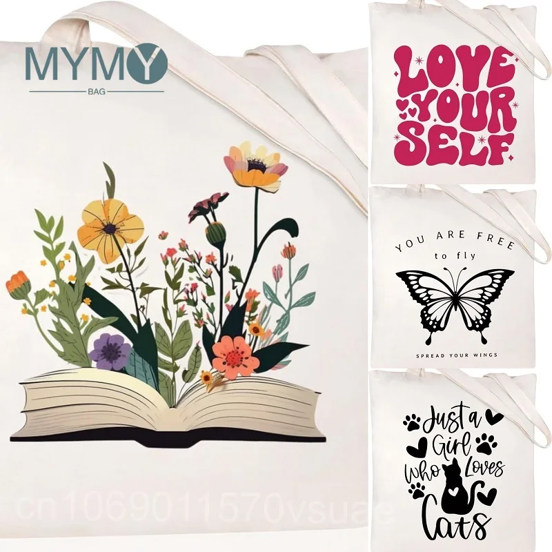

Canvas Tote Bag For Women Aesthetic Cute Cat Shopping Grocery Reusable Bags No Zipper Gift Shoulder Bag Luxury Designer Handbag