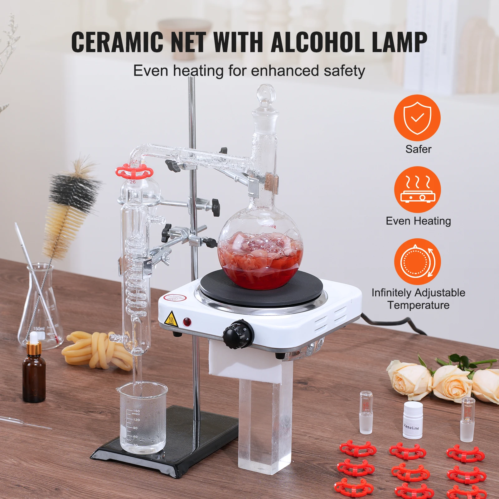 SucceBuy Essential Oil Distillation Kit 500ml/2L Distillation Apparatus 3.3 Boro Lab Glassware with 1KW Heat Plate