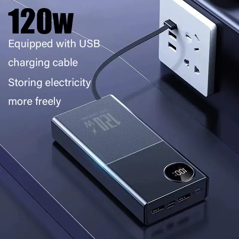 미니소 초고속 보조배터리, 대용량 50000mAh, 다양한 휴대폰에 적합한 4 개의 전선 포함, 120W