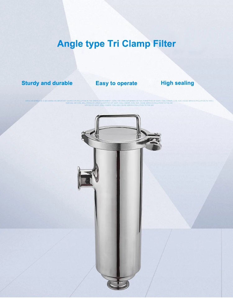 Sanitär-Winkeltyp aus Edelstahl in Lebensmittelqualität, Tri-Clamp-Filter, Wasserleitungskartusche, schnelle Installation, Duplex-Filter – Detail 1