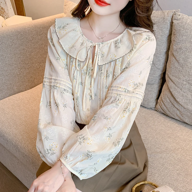 QOERLIN 2024 New Women Printed Lace-Up Floral Shirts Long Sleeve Loose Casual Sweet JK Style Tops Blouse Button Up Shirts Girls