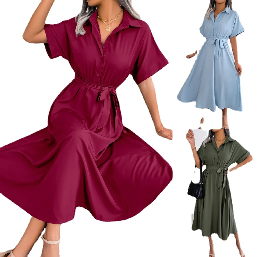 

Real summer Europe and the United States casual loose pure color lace-up shirt skirt long dress women