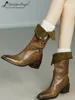 Womens Boots Pointed Toe Vintage Handmade High Chunky Heel Fashion Shoes Button Cowhide Khaki Solid Color Daily Ladies Hot Sale