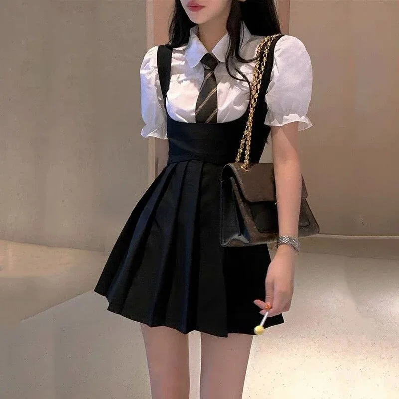 

HOUZHOU Black Pleated Mini Dress Women Kawaii Vintage Preppy Style High Waist Sleeveless Strap Dress for Girls Korean Fashion