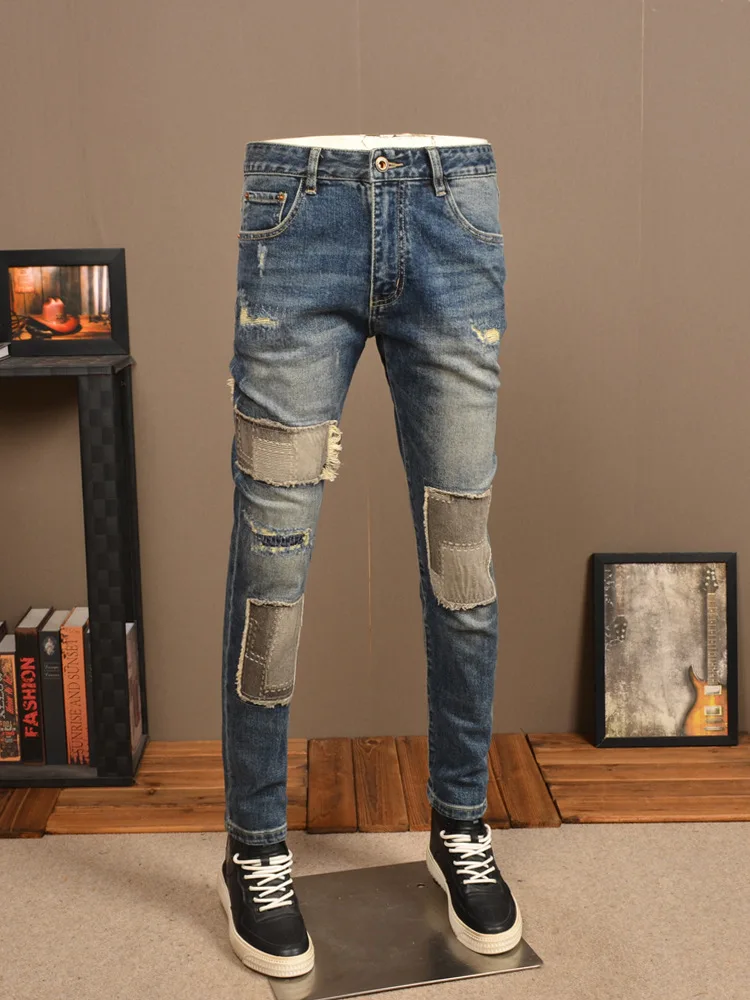 Retro Make Old Ripped Jeans Men\'s Street Handsome Slim Fit Skinny Stretch Cloth Patch High-End Casual Trousers