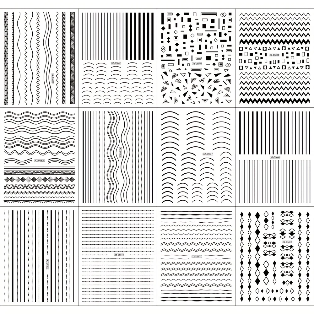 12-piece self-adhesive glossy black and white stickers - 3D stripes and geometric patterns, easy-to-apply DIY nail stickers, - 3