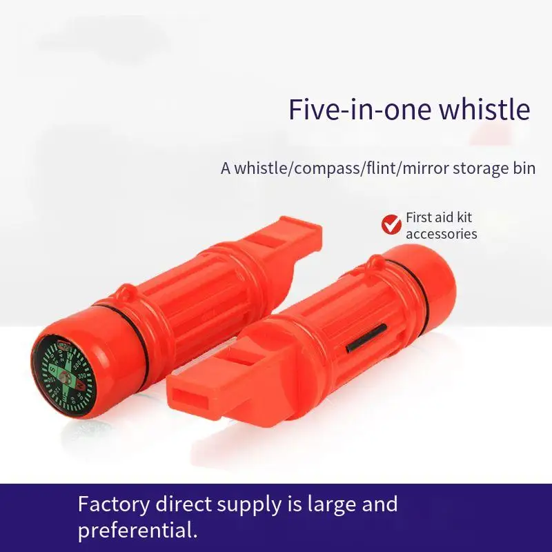 Outdoor Emergency 5-in-1 Multi-Function Survival Whistle With Compass Flint Stone Mirror   Storage Bin High Decibel Whistles For