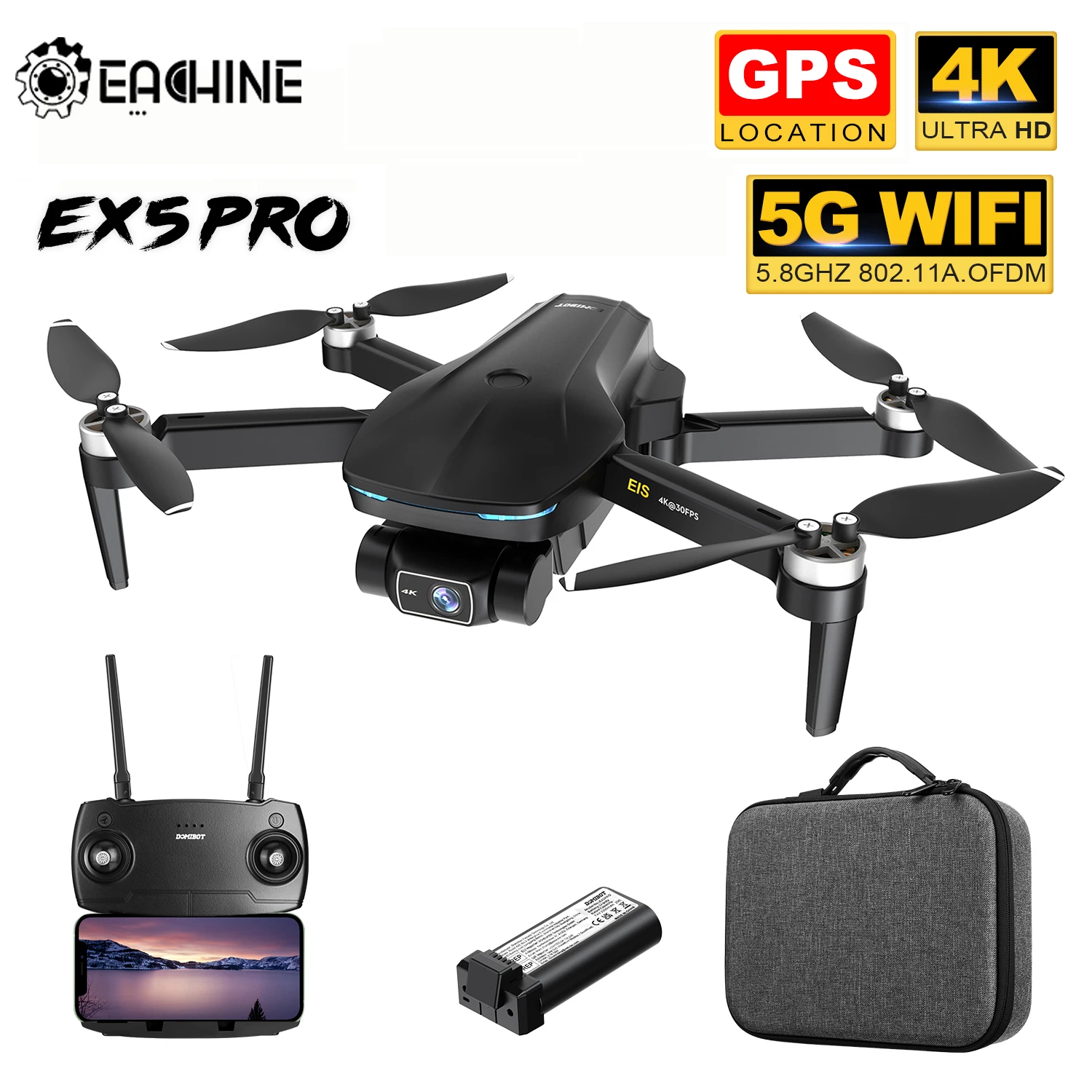 Eachine & DOMIBOT EX5 PRO RC Drone 4K Profesional 5G WIFI FPV GPS HD Camera 2 Axis EIS Gimbal 