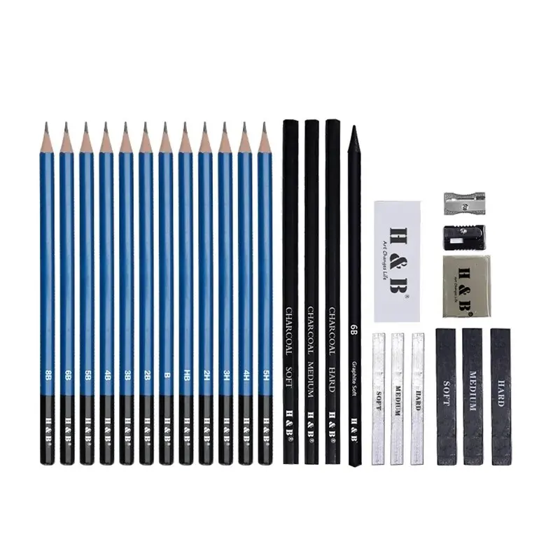 H& B 26 Pcs Sketch Pencil Set Kit Drawing Charcoal Graphite Pen