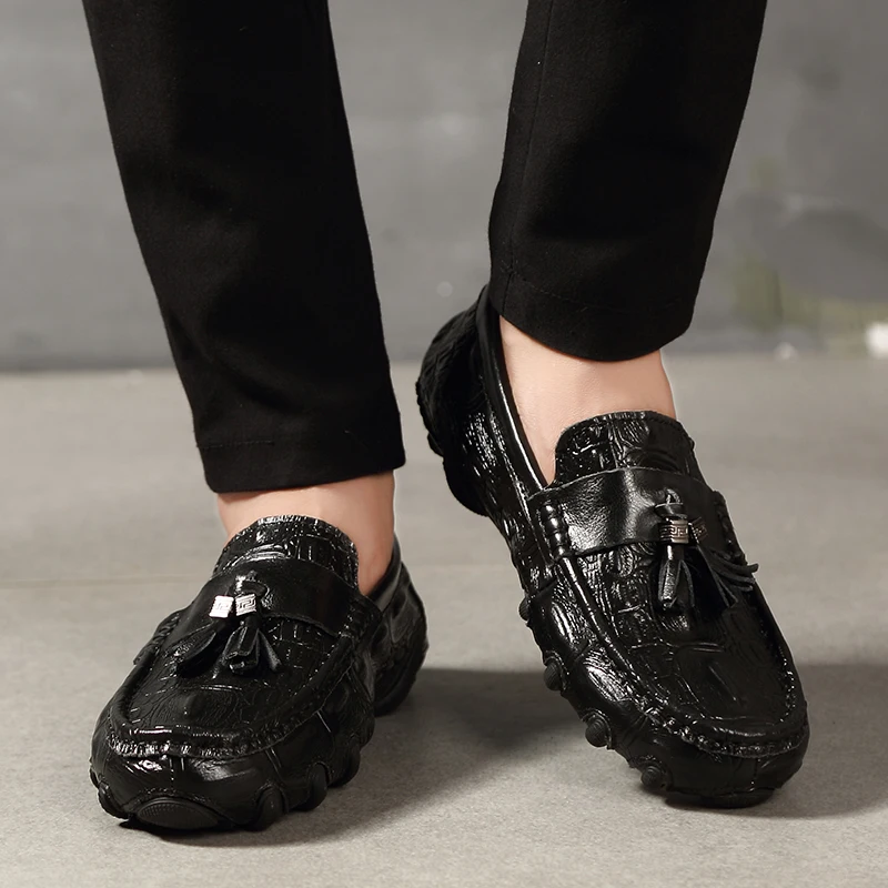 Men Genuine Leather Business Shoes Crocodile Pattern Loafers Moccasins Driving Flats Slip-On Casual
