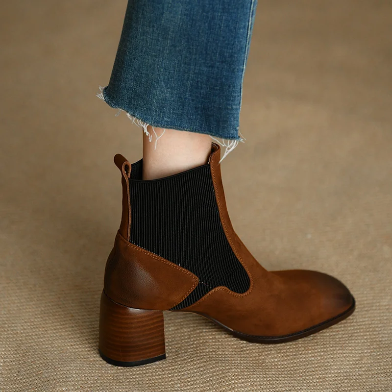 

Size 41 Woman Ankle Boots Elastic Band High Quality Women Shoes Retro Style Cowhide Chelsea Boots Ladies Winter Shoes bota mujer