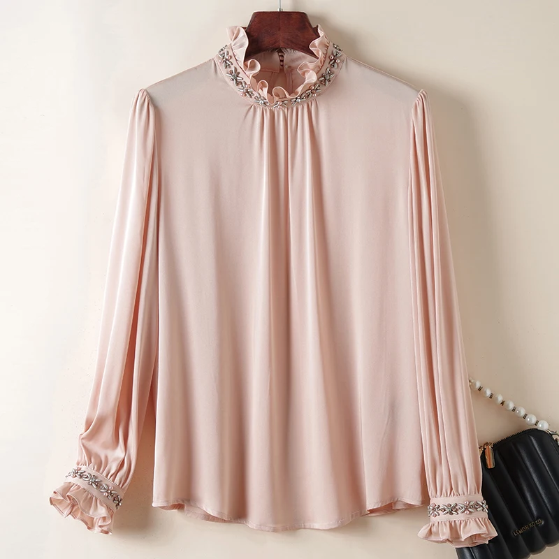 

Real Silk Women's Pink White Shirt Diamonds Stand Collar Elegant Shirts Long Sleeve Blouses For Women Solid Tops Vintage Blouse
