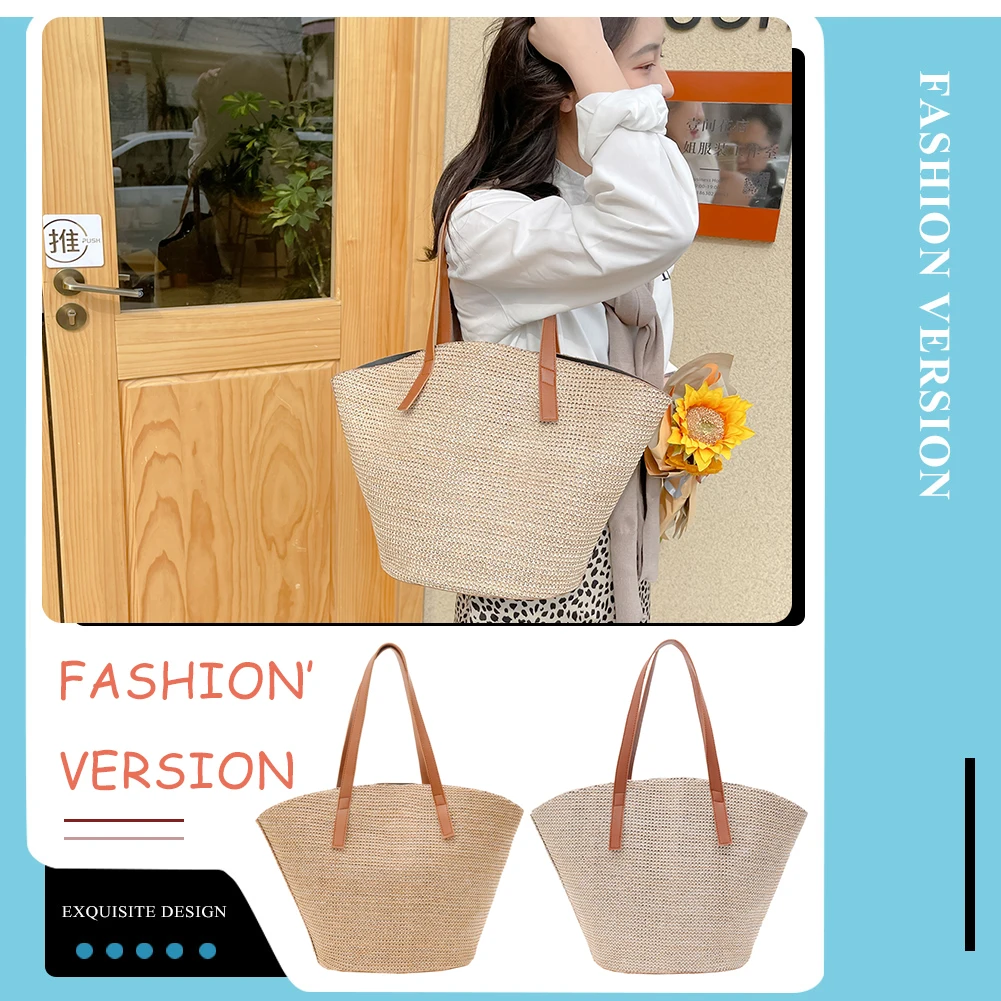 Women Shopping Tote Bag Fashion Simple Straw Shoulder Bag Handmade Rattan Woven Beach Purse Female Shoulder Portable Basket Bags