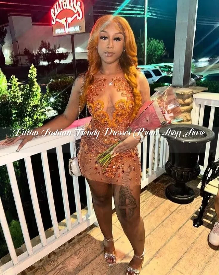 Orange Sparkly Mini Evening Cocktail Dresses for Black Girl Luxury Diamond Crystal Sheer Mesh Birthday Party Gala Dress Custom