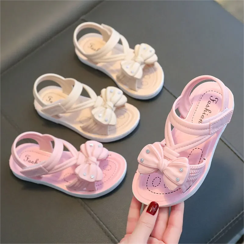 Summer Children's Girls Bowknot Sandals Pearl Rhinestone Fashion Breathable Non-Slip Sandals Beach Soft Kids Open Toe Flat shoes