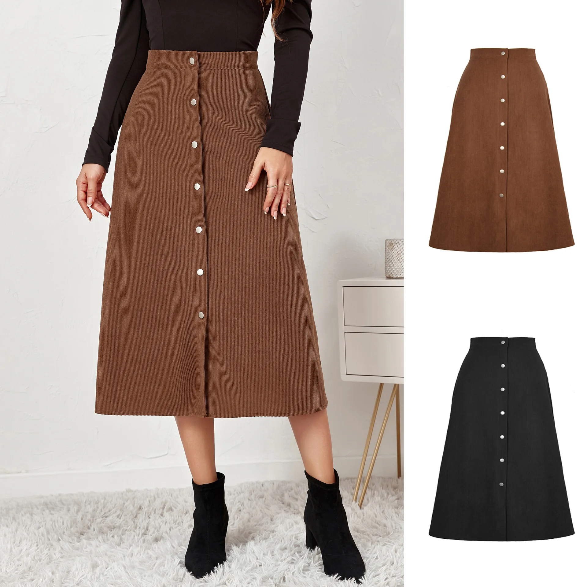 

Autumn And Winter New Women's Long Skirts Boutique Corduroy Skirts Single-Breasted High-Waisted Women's Long Skirts