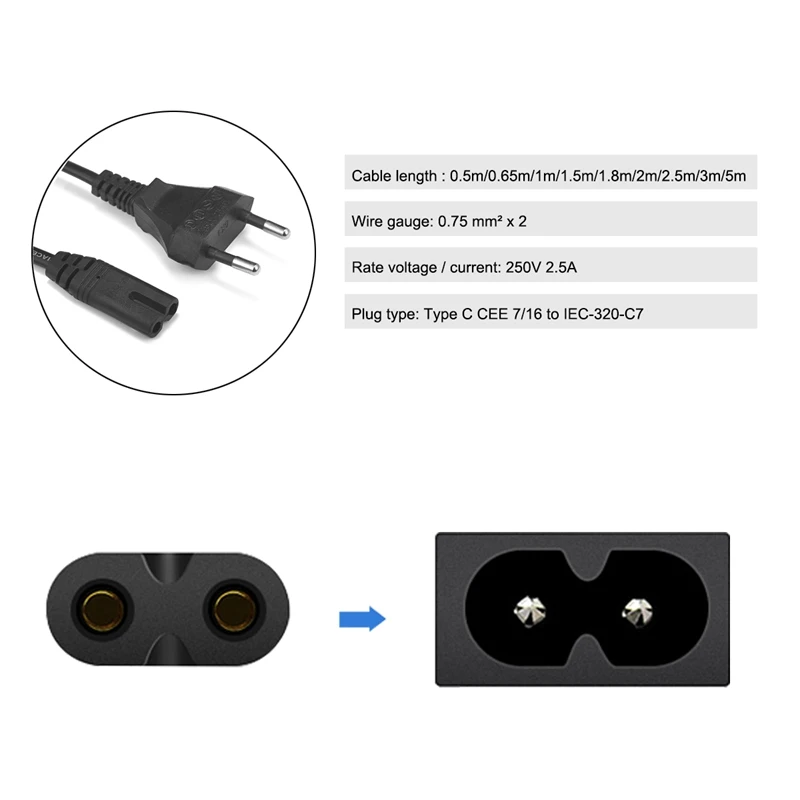 Power Extension Cord 0.5m/1m/1.5m/3m/5m/10m Power Extension Cord EU Notebook AC Cable IEC C7 Power Cable for Radio Speaker TCL Apple LG TV Sony PS