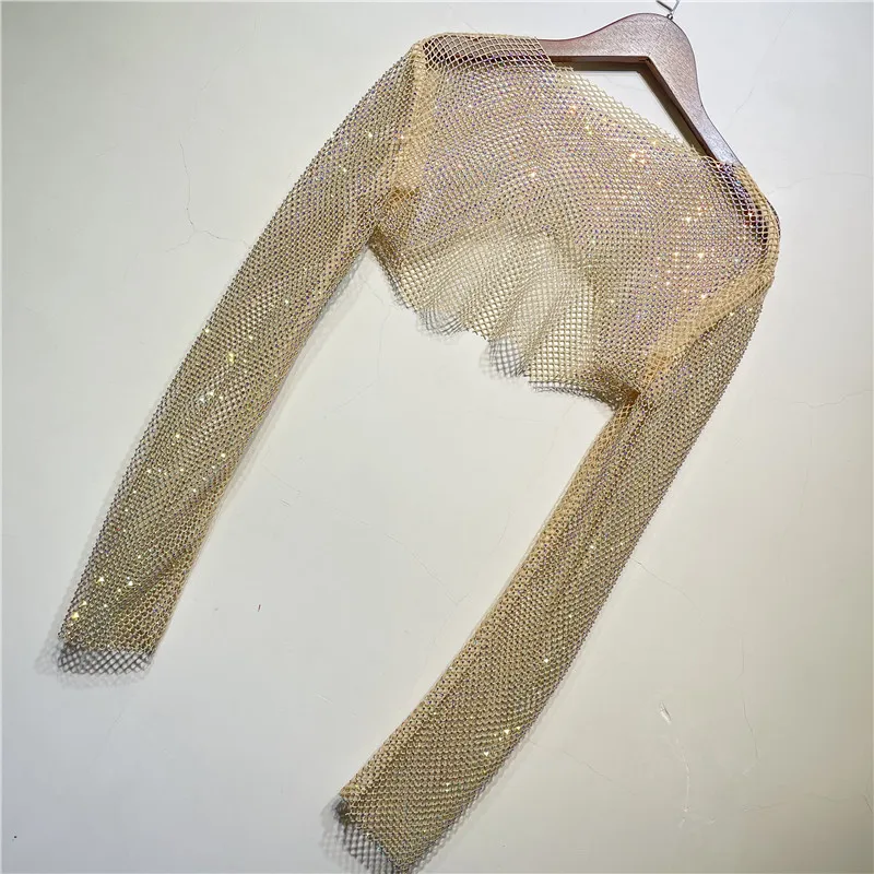 Sparkly Crystal Crop Tops For Women Fishnet Hollow Out See Through Cropped Coat Evening Night Club Luxury Top Party Wear