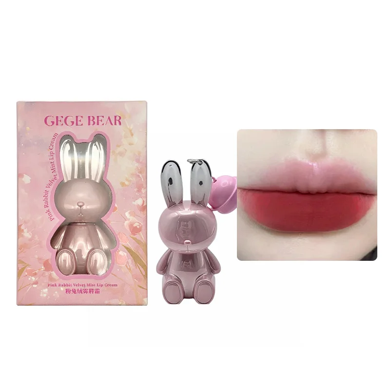 Gege Bear Pink Rabbit Velvet Lip Cream — Adorable Bunny Keychain, Soft Matte Velvet Finish Lip Tint 3