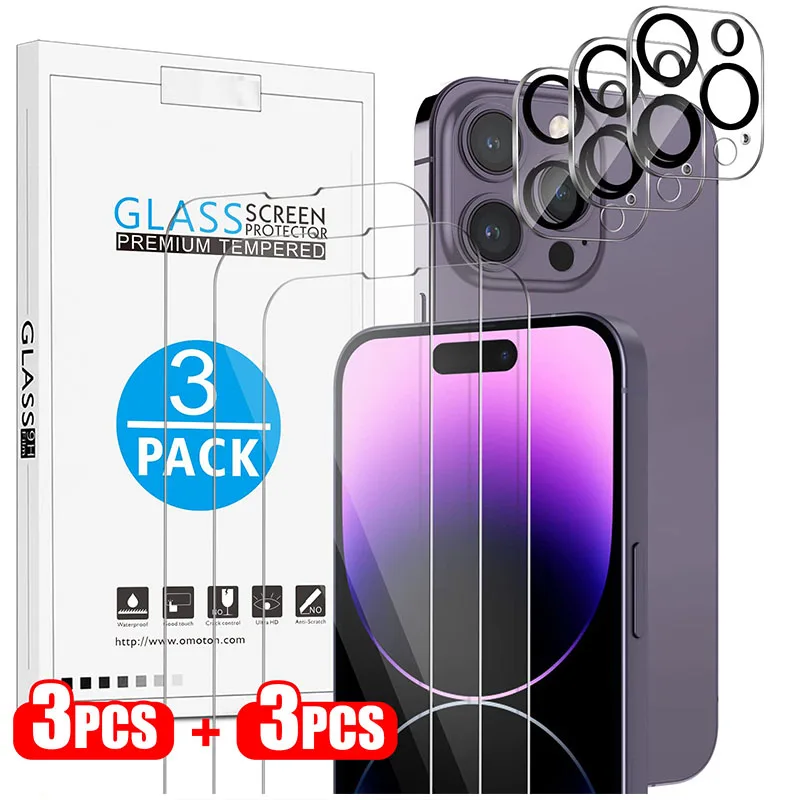 

HD Tempered Glass for iPhone 14 13 12 Pro Max Screen Protect 3 Pack Camera Lens Protector + 3 Pack Protective Film