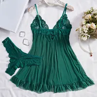 Vêtements de nuit sexy pour dormir robe de nuit femmes Lingеrie ensembles profond V Slip chemises de nuit et culottes dentelle à volants garniture sous-vêtements pyjama 3